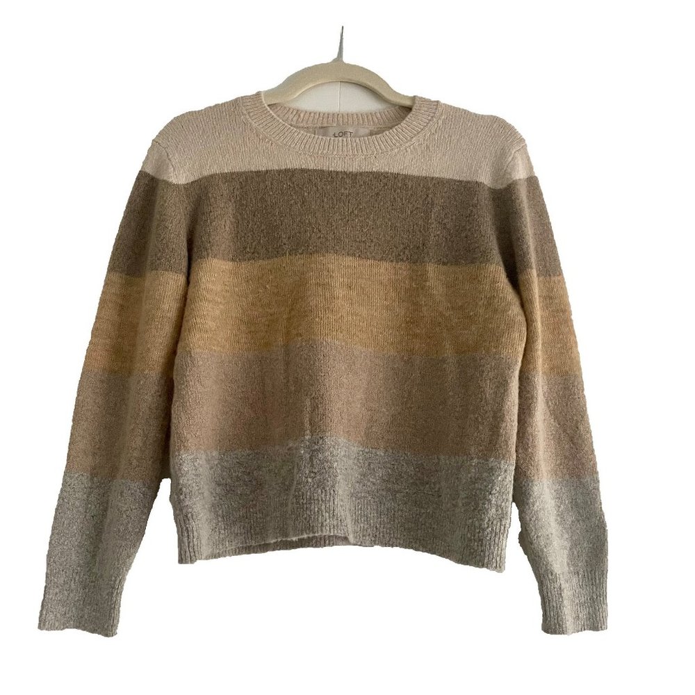LOFT Sweater Fitted Wide Stripes, Size L/XL, Brown Beige Merino Wool Sweater